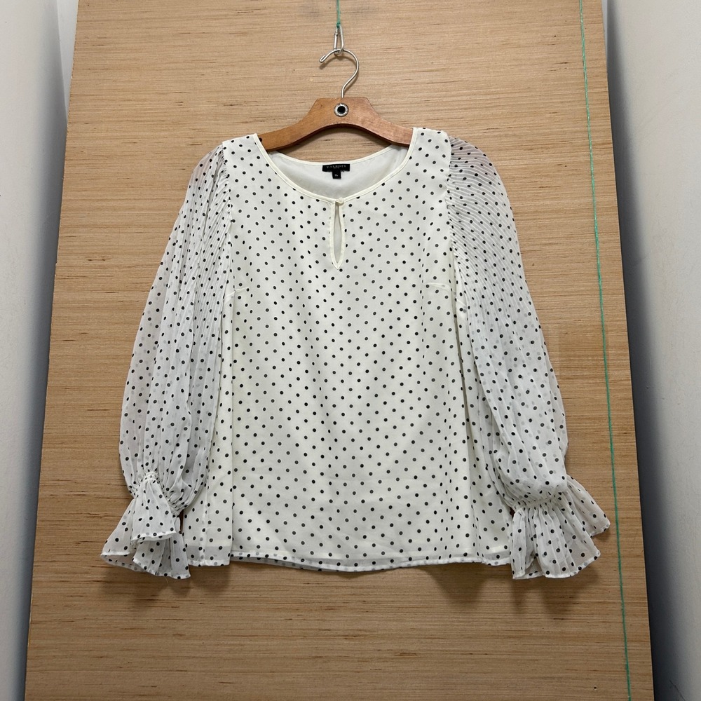 Talbots Petite Polka Dot Blouse MP Ivory Black Pleated Balloon Sleeve Keyhole